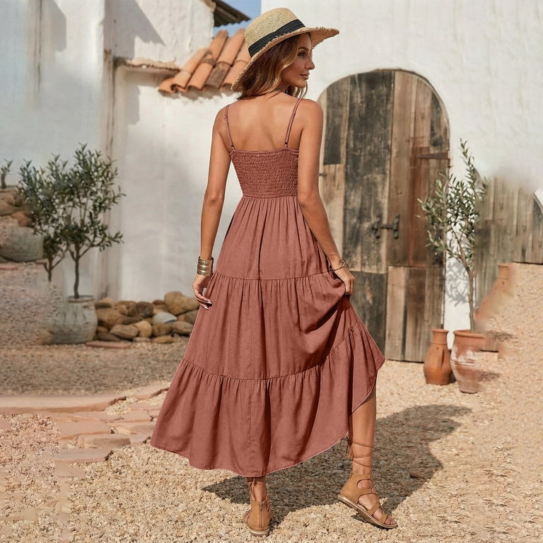 Summer Dresses for Women Smocked Tiered Maxi Dress Spaghetti Strap Square Neck Flowy A-Line Long Beach Vacation Sundress