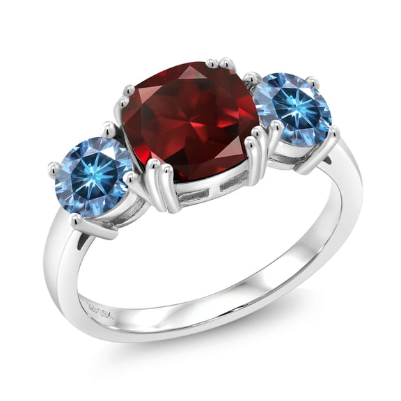 Gem Stone King 925 Sterling Silver Red Garnet and Persian Blue Moissanite 3 Stone Engagement Ring for Women (3.60 Cttw, Gemstone January Birthstone, Cushion 8MM, Size 6)
