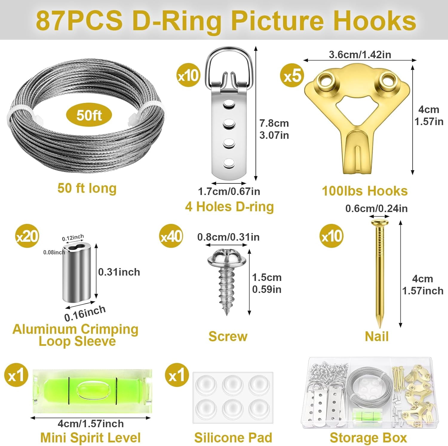 JJEAN-88Pcs Heavy Duty Picture Hanging Wire Kit, Include 50Ft Stainless Steel Wire Picture Hanging for Photo Mirror Frame, up to 110lbs, D Ring, Picture Hangers, Screws, Hanging Hooks, Nails, Level