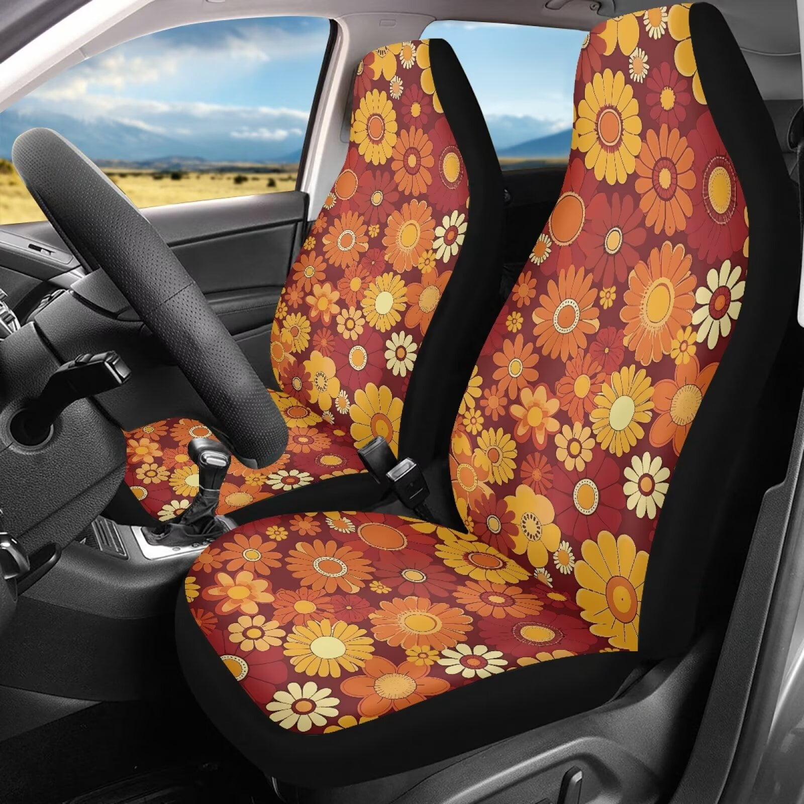 Uorisanigo Car Accessories Car Front Seat Covers Aesthetic Flowers Print Stretch Polyester Fabric Cover Protection Interior Accessories Universal Size Fit for Most Cars SUVs Trucks Vans
