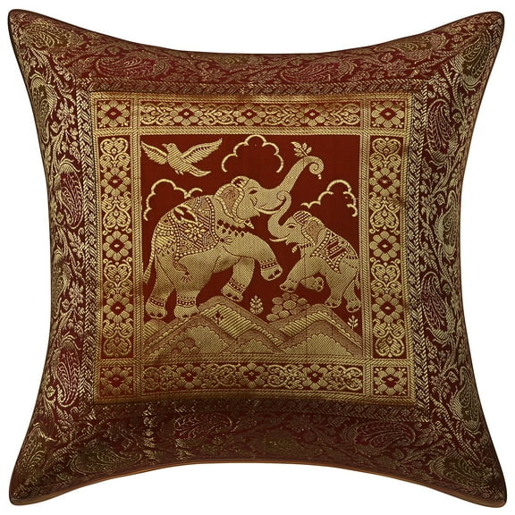 Stylo Culture Ethnic Decorative Throw Pillow Cover Elephant 16x16 Jacquard Brown Square 40 x 40 cm Home Decor Brocade Floral Zippered Cushion Cover | 1 Pc