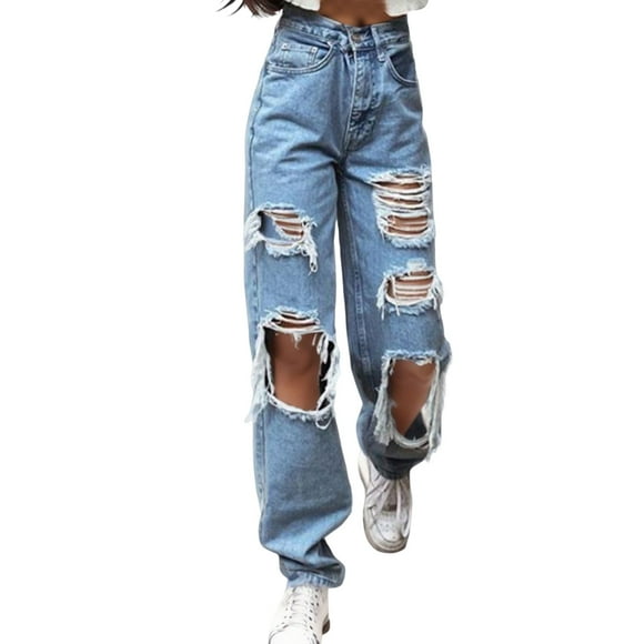 UJNDER Women's High Waisted Denim Jeans with Elastic Waist Distressed Details and Pocket Loose Fit Blue L