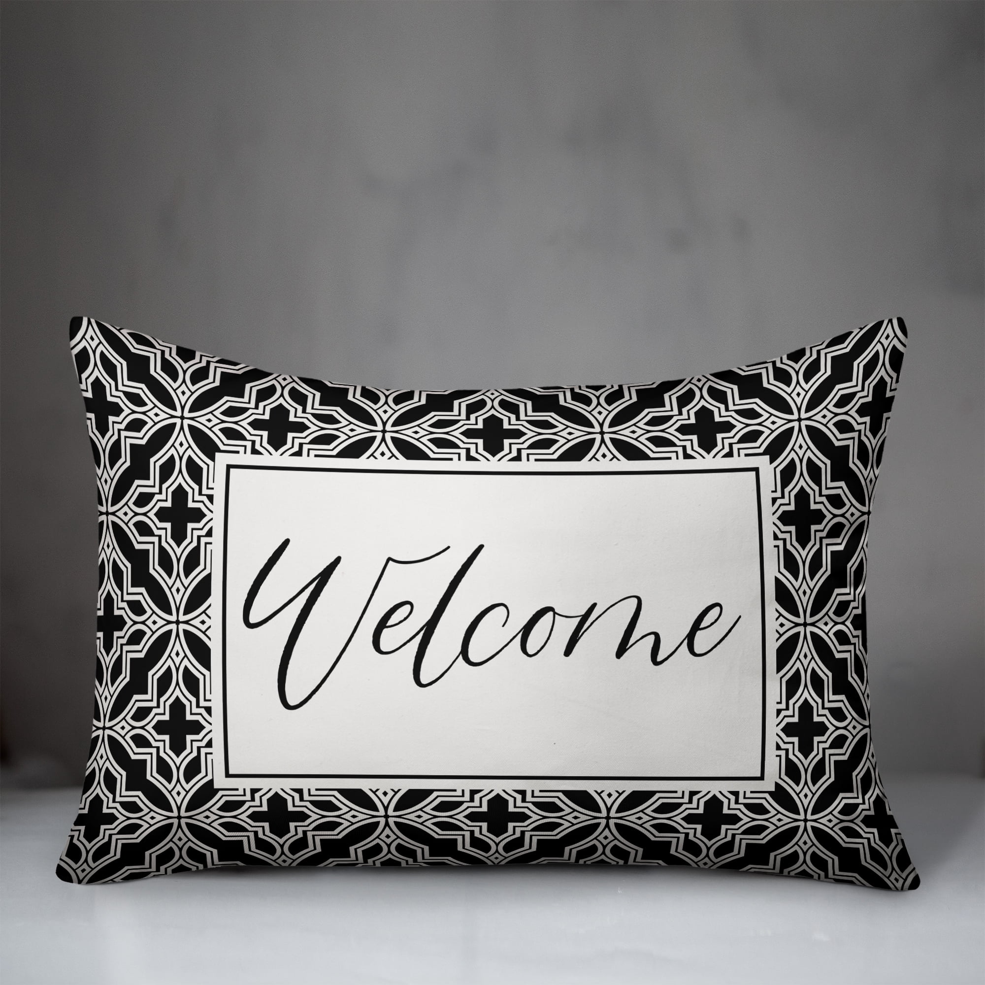 Creative Products Welcome Black and White Geometric Quatrefoils 14x20 Indoor / Outdoor Pillow