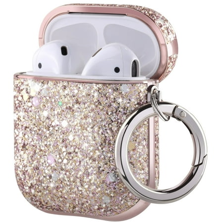 AirPods Case, ULAK Luxury Glitter Leather with Mirror Surface Plating Hard Cover,Shockproof Protective AirPod Accessories with Keychain for Apple AirPod Charging Case 2 & 1(LED Visible)(Bling Pink)