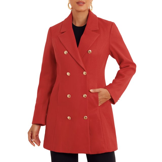 INSPIRE CHIC Winter Overcoat for Women's Notch Lapel Double Breasted Coats XS Red