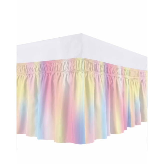 Colorful Gradient Ruffle Bed Skirt Queen Size Pink Yellow Abstract Adjustable Elastic Dust Bed Skirts Wrap Around Bedskirt Wrinkle Free Easy Fit with 16 Inch Drop