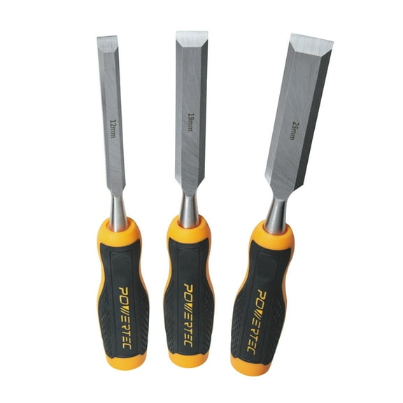 POWERTEC Wood Chisel 3pcs Set - 1", 3/4" & 1/2" Bevel-Edge Bench Chisels w/ Strike Cap, Drop Forged Chrome Vanadium Steel Blades for Woodworking, Joinery, Mortising, Paring and Trimming (72136N)