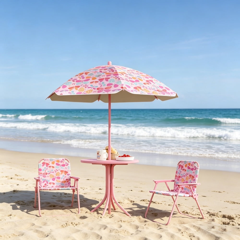 Pink Kids 4-Piece Outdoor Set (Table + 2 Chairs + Umbrella) - Butterfly Design, Foldable & Safe for 2-5 Years Old