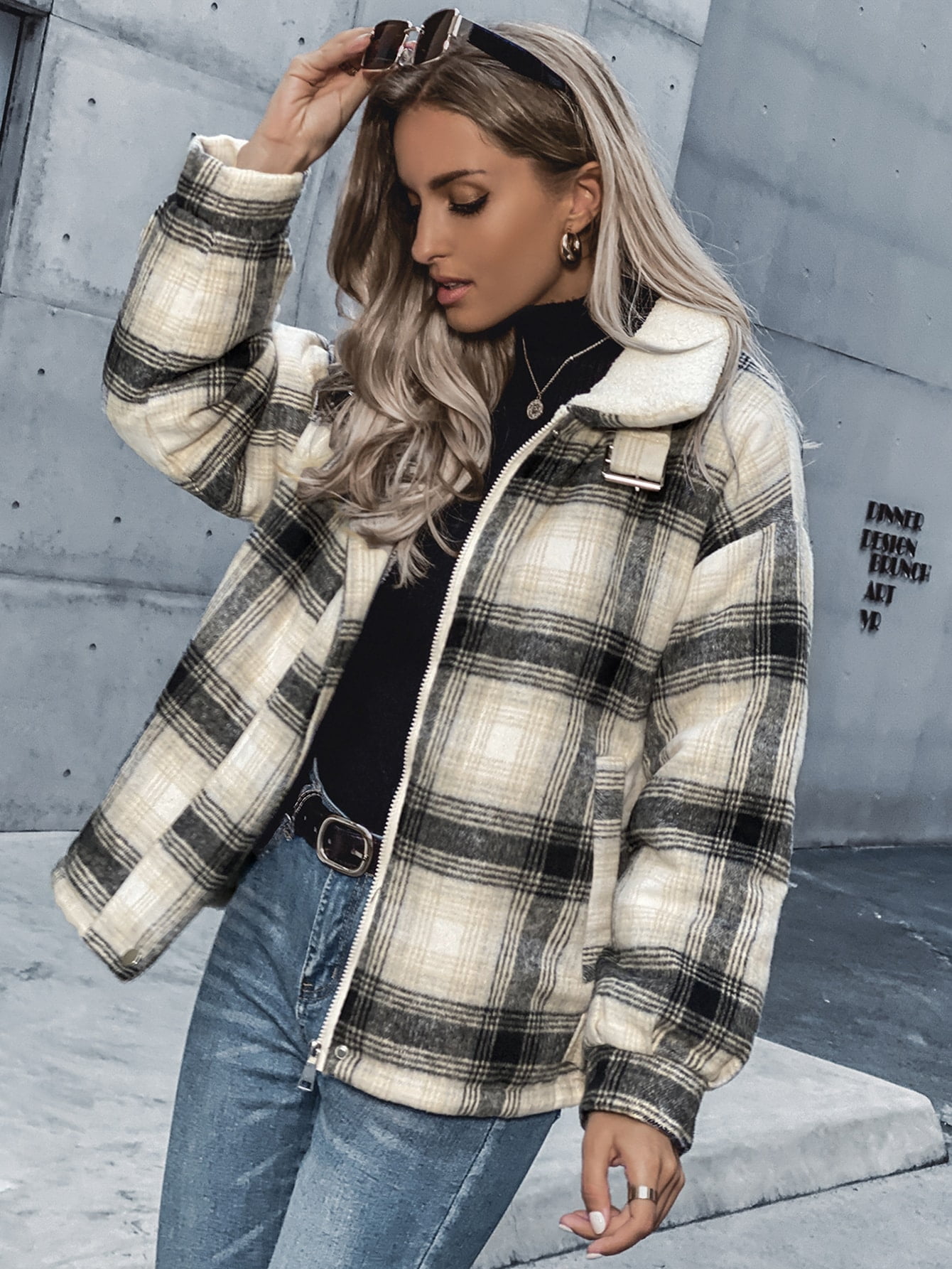 Plaid Sherpa Lined Drop Shoulder Jacket 