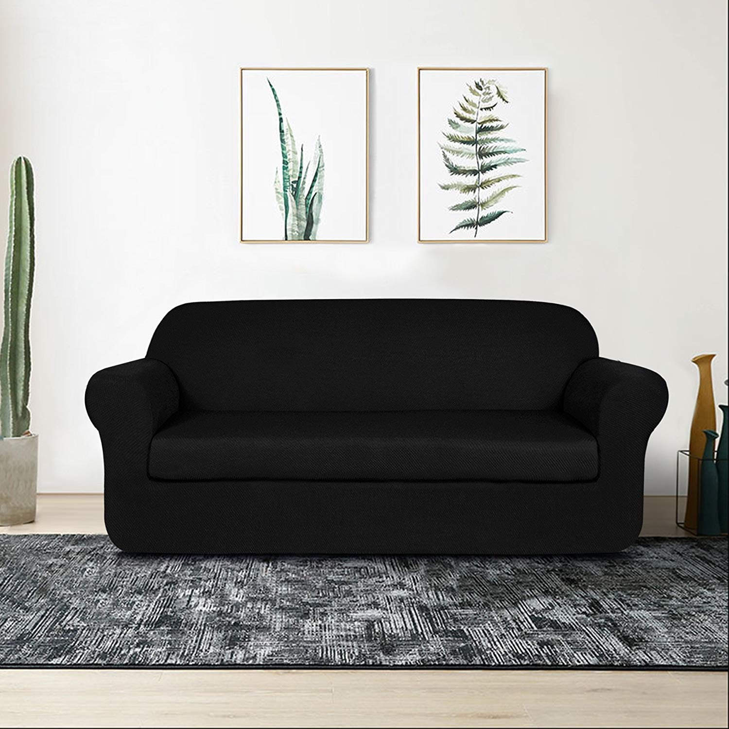 Subrtex 2-Piece Jacquard Spandex Stretch Couch Slipcovers,Loveseat,Black