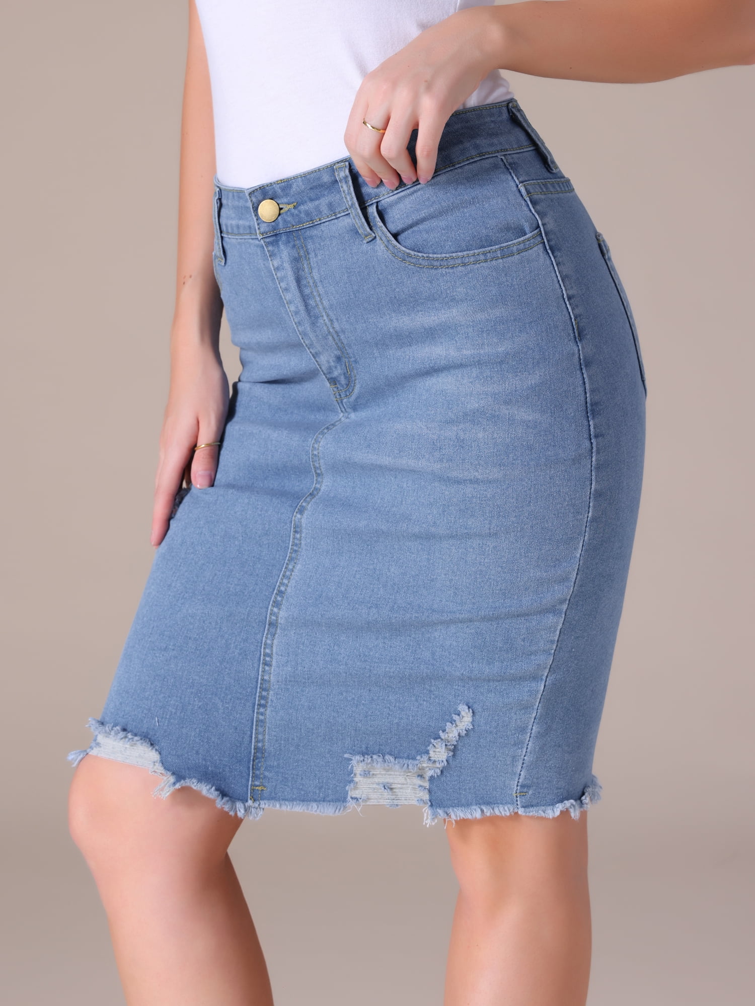 DARING DIVA Women's Denim Above the Knee Pencil Skirt XL Light Blue