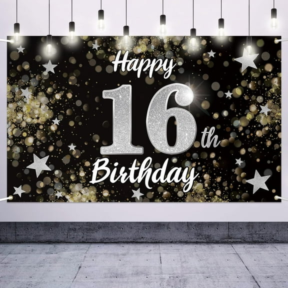 Happy 16th Birthday Decorations,16th Black & Silver Dream Star Large Birthday Banner Backdrop
