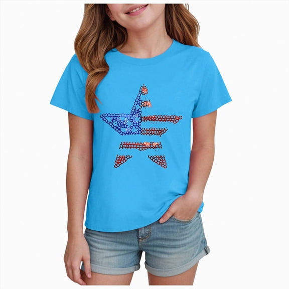 KPOPLK Summer Girls T-Shirt Short-Sleeve Basic Tee Shirt Casual Daily Tshirts Tee for 1T 2T 3T 4T 5T 6T 7T 8T 9T 10T Size 7-8 Years,Sky Blue