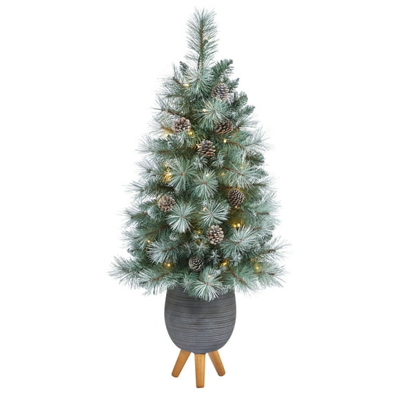 Nearly Natural 3.5' Frosted Tip Pine Artificial Christmas Tree in Planter, Prelit with 50 Clear Lights