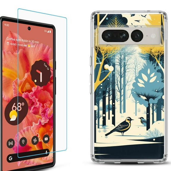 Shockproof Bumper Phone Case for Google Pixel 7, with Tempered Glass Screen Protector, by OneToughShield ® - Winter Birds