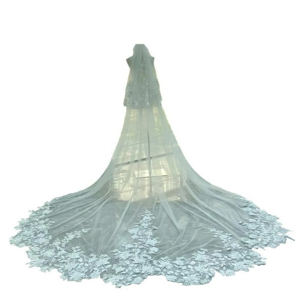 Elegant Floral 1 Tier Long Bridal Veil with Comb - 300cm Wide Wedding Veil for Brides