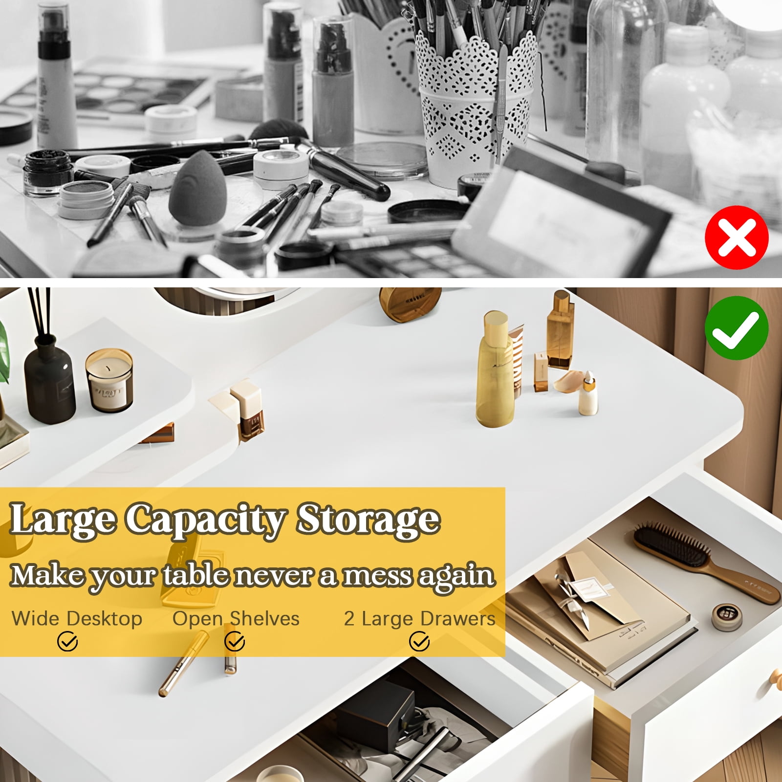RICHYOUNG Vanity Table Set with Mirror, Makeup Table with 2 Large-Drawer for Bedroom, White(Without Stool)
