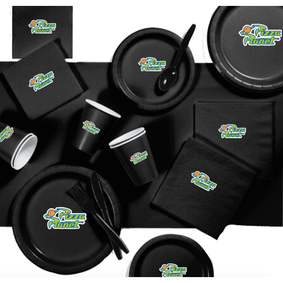 Pizza Planet Party Supply Set, Black Paper Plates and Napkins, Disposable Tableware