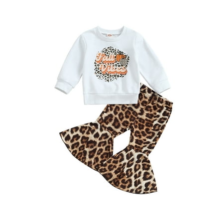 

Girl Long Sleeve Letter Print Pullover Leopard Print Flared Pants Sets