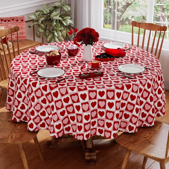 Round Valentines Tablecloth 70x70 Inch, Washable Red Pink Love Heart Valentines Day Tablecloth Round Waterproof Scalloped Edge Dining Table Cloth Sweet Home Party Decorations