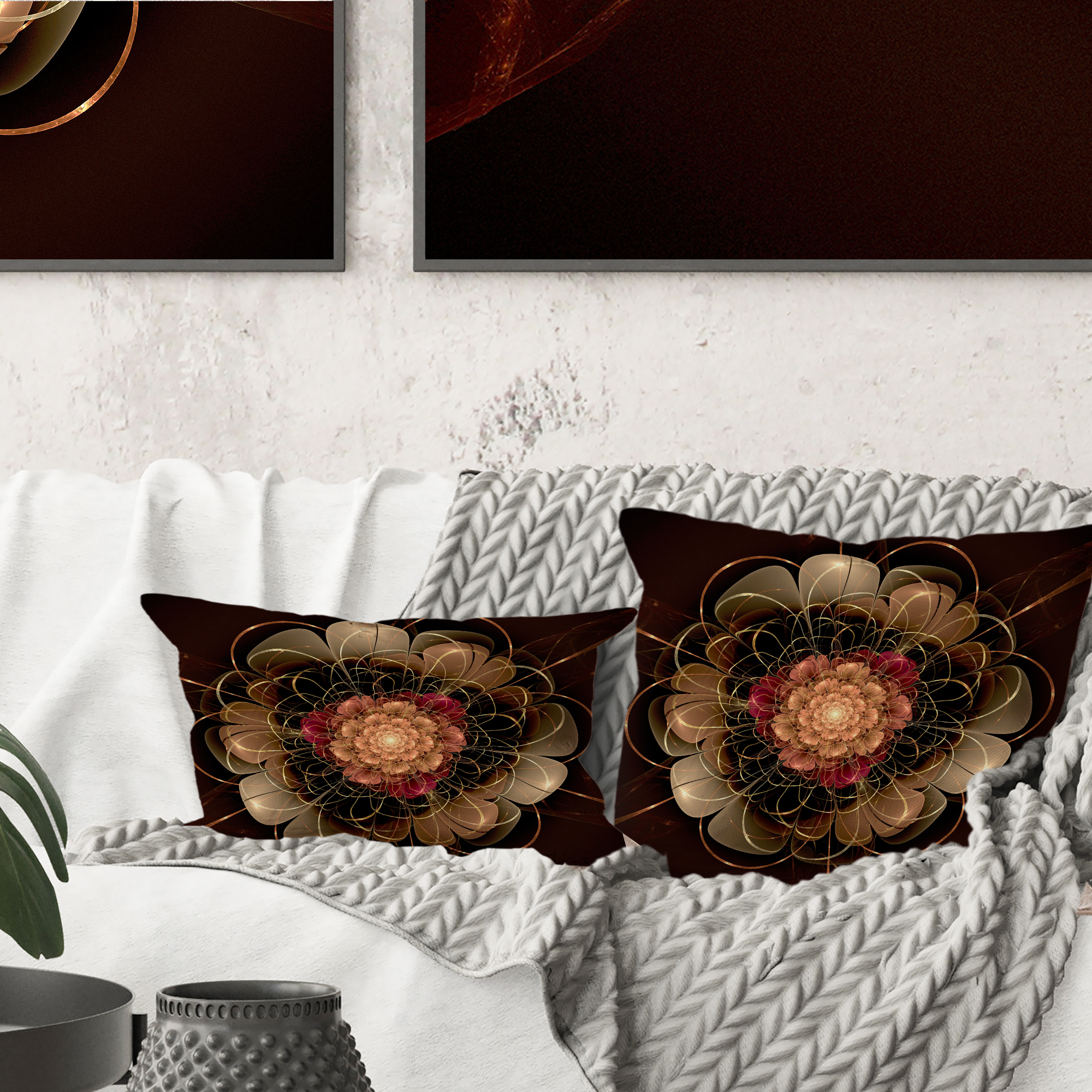 Designart Dark Gold Red Fractal Flower Pattern - Floral Throw Pillow - 16x16