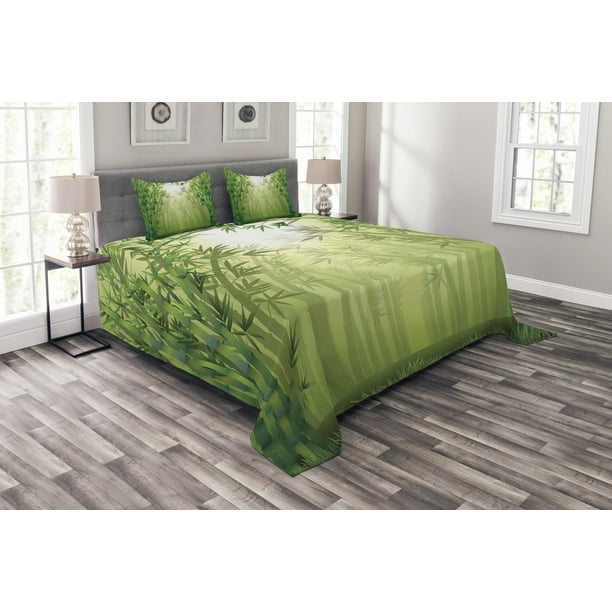 Bamboo Bedspread Set, Image of Bamboo Trees in Rain Forest Far Eastern