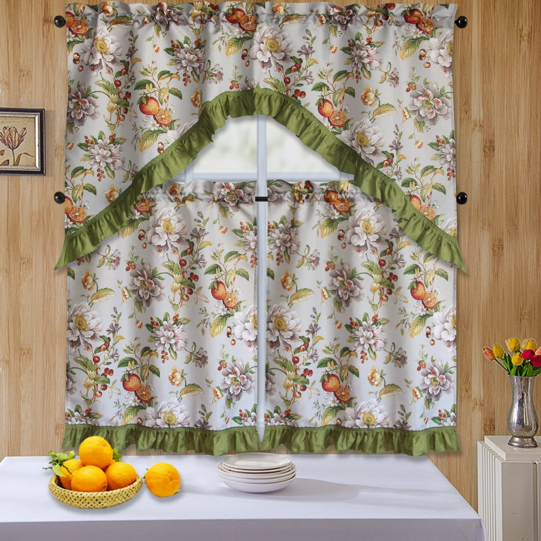 3 PC Kitchen Curtain Swag Set, Fruit Floral Rooster Printed Design Window Panels - Picture 36 of 62