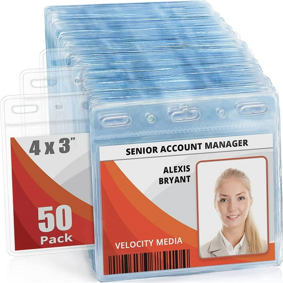 -USA Card Protector (4x3 Inch, Clear, Bulk 50 Pack) Quick Load Horizontal No Zipper Name ID Badge Holder