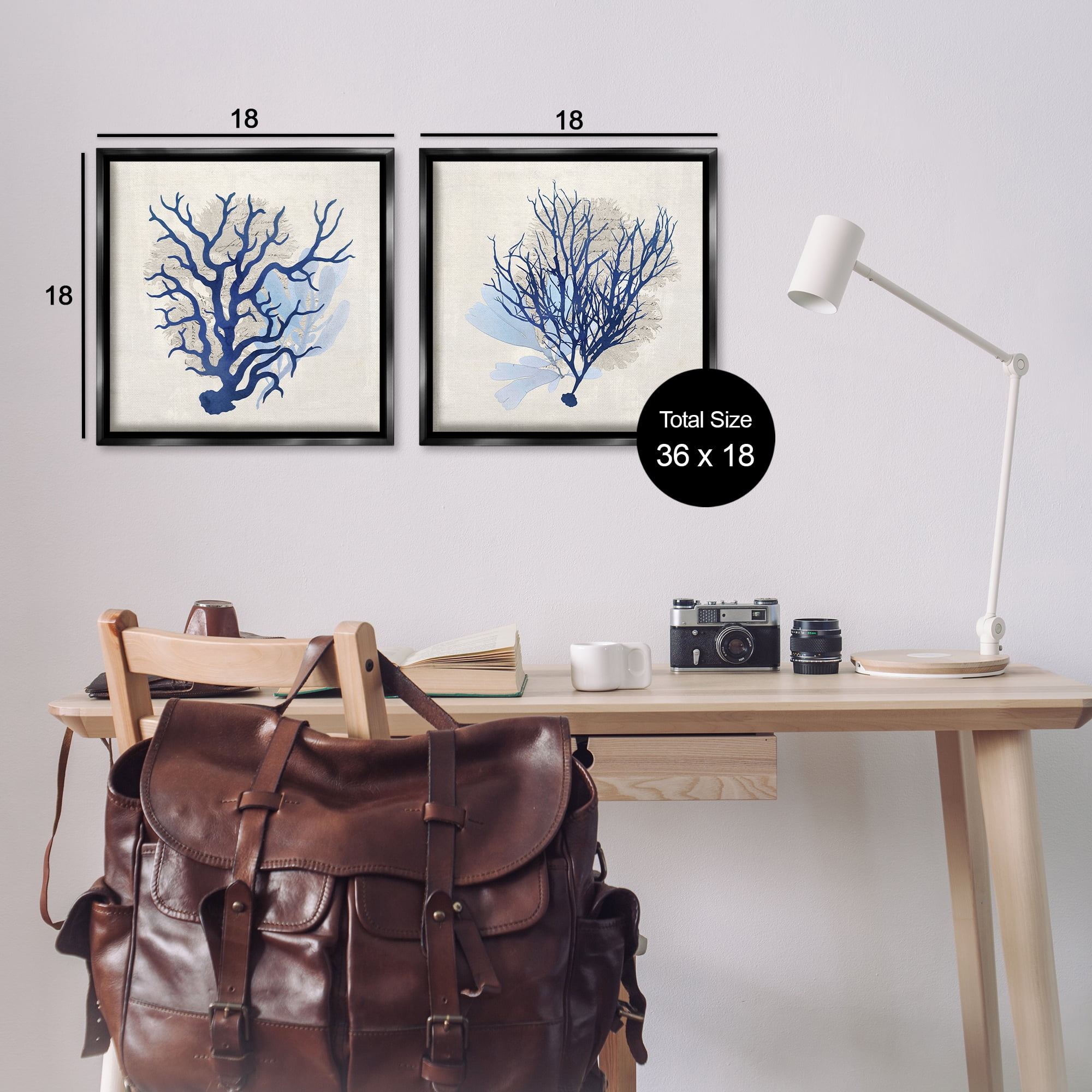 Stupell Industries Blue Coral Branches Nautical & Beach Painting Black Floater Framed Canvas Art Print Wall Art, 18 x 18, Set of 2