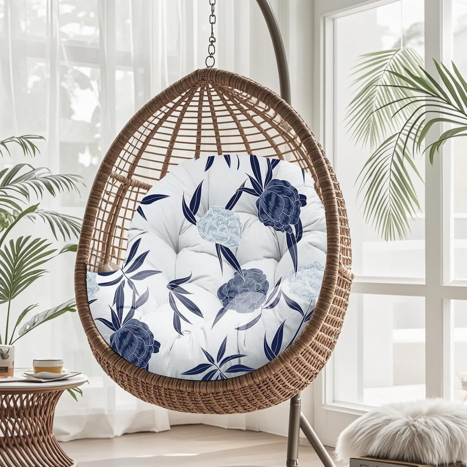 Waterproof Egg Chair Cushion Replacement Outdoor Hanging Egg Chair Cushion 47x35x7 Inches Thicken Couch Cushions with Ties, Blue Enchantress