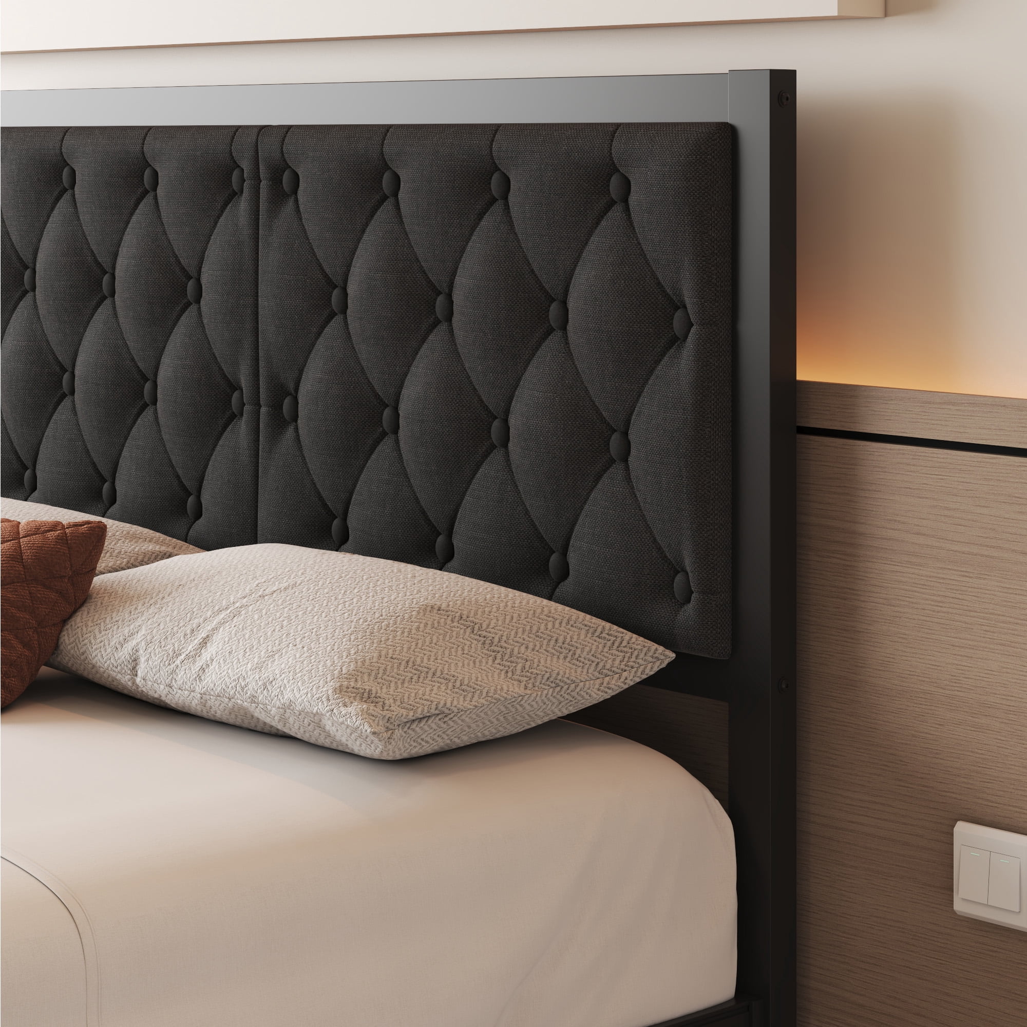 Lifezone Bed Frame with Linen Upholstered Headboard, Queen, Metal Support, No Box Spring Needed, Grey