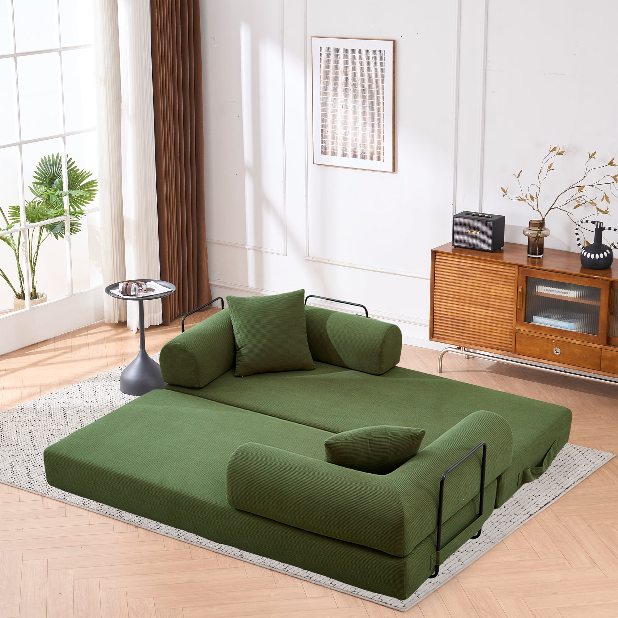 Leumius 4‑in‑1 Futon Sofa Bed,Modular Corduroy Sofa Couch with Fixed-Shape Frame & Removable Armrests,Folding Mattress Couch for Living Room, Office, Apartment,Green