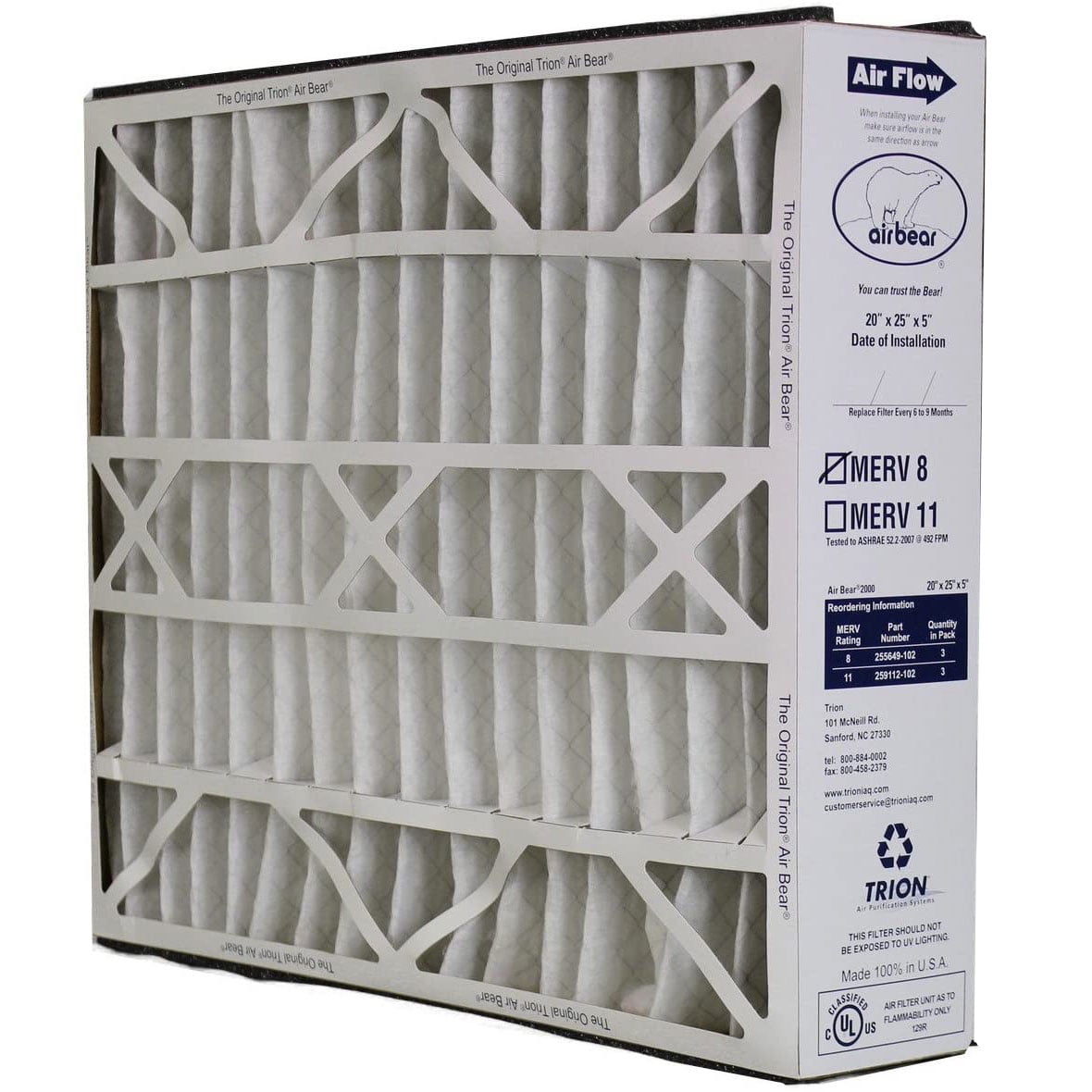 Trion Air Bear 255649-102 - 20" x 25" x 5" Pleated Air Filter, MERV 8