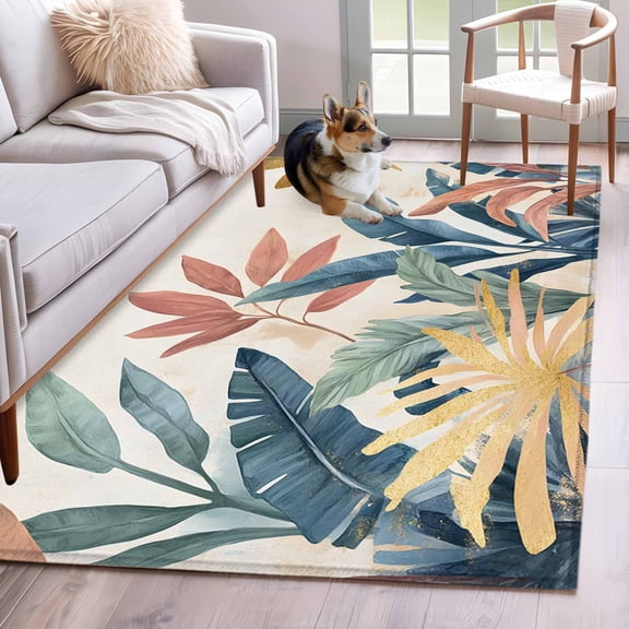 Tropical Leaves Area Rug 3x5 Washable Rug Non Slip Colorful Summer Watercolor Botanical Large Area Rug Indoor Floor Carpet for Entryway Bedroom Kitchen Living Room Home Office Dining Room Nursery