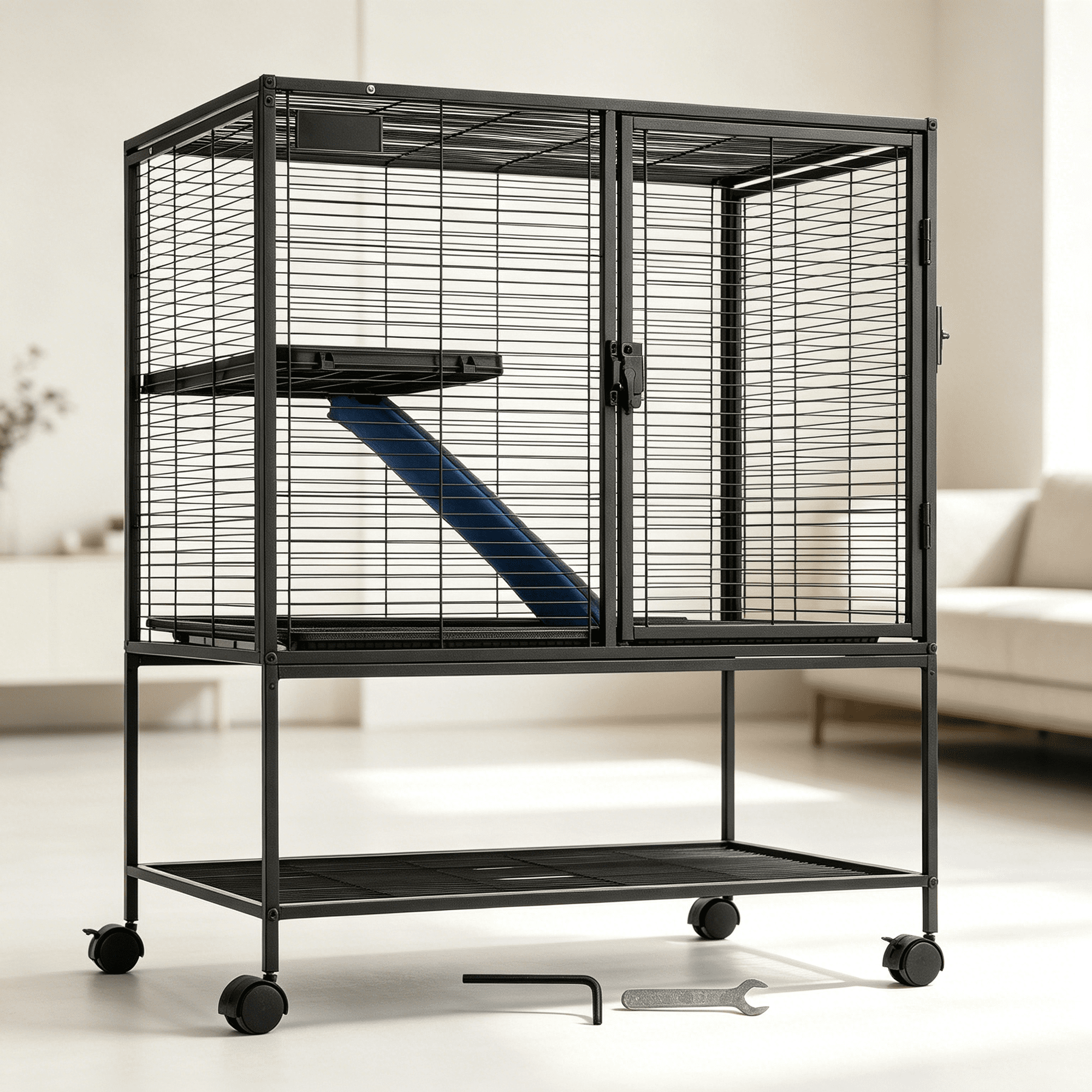 JERFIT 2-Tier Rolling Small Animal Cage for Ferrets, Chinchillas, Guinea Pigs with Ramp, Removable Tray, Easy Assembly & Cleaning, Black