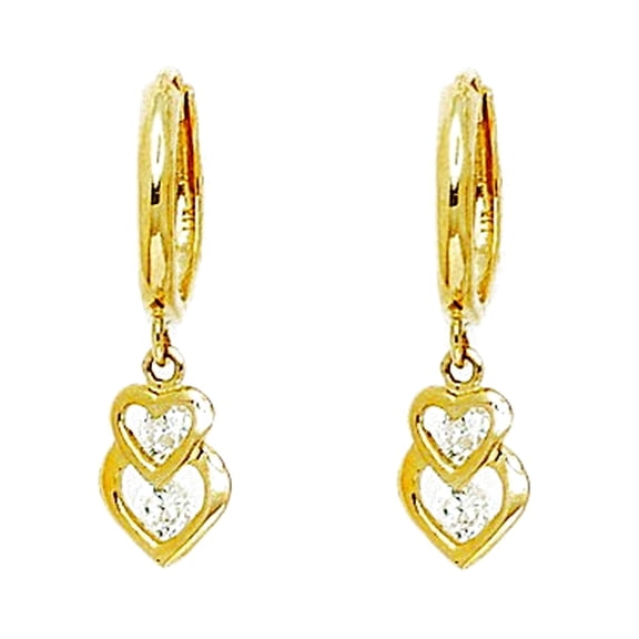 14k Yellow Gold Cubic Zirconia Love Heart Drop Hinged Earrings 25x7mm Stud Earring for Women