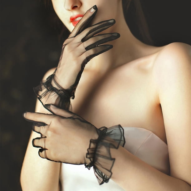 Guantes de vestir de novia de boda a la moda, guantes cortos de tul para mujer, guantes finos de fiesta de noche hasta la muñeca, guantes de novia de Negro Yinane Guantes cortos