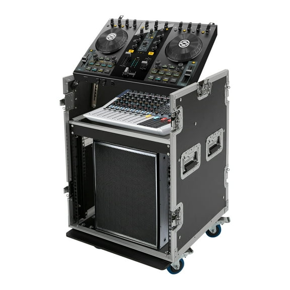 10U PA DJ Rack Road Case W/ 11U Slant Mixer Top Casters Black 25.3*21.5*23.9in