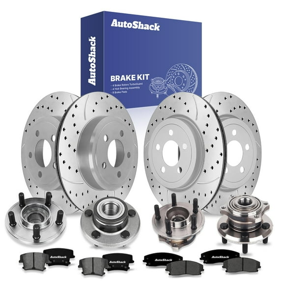 AutoShack Front Vented & Rear Vented Drilled & Slotted Coated Brake Rotors Silver Matte Finish   Ceramic Pads   Hub Bearing Assembly 16-PC Brake Kit Replacement for 2010 Dodge Charger TurboGuard