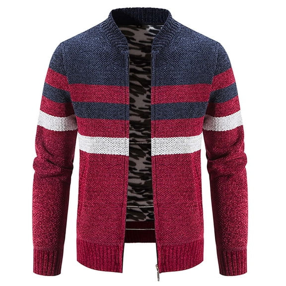 Mens Fleece Lined Jacket Sweater Stand Collar Full Zip Long Sleeve Knitted Cardigan Warm Winter Thick Coat Outwear