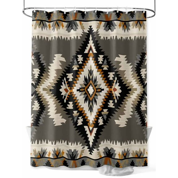 Grey Orange Black Long Shower Curtain Set, Waterproof Shower Curtains for Bathroom, Boho Ethnic Geometric Southwestern Washable Fabric Cloth Bath Curtain for Bathtub with Hooks 72x84 Inches