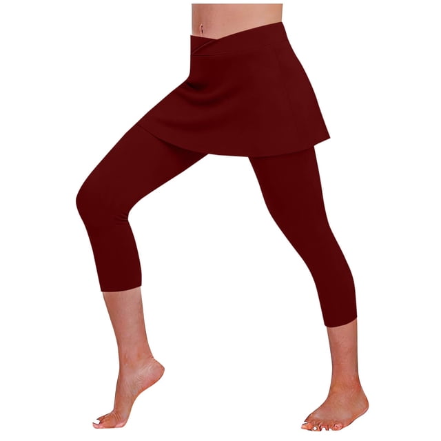 TaTaai Women's Summer Sports Yoga Capri Pants Fake Two-Piece Skirt Leggings Crisscross Elastic Waist with Side Pockets Soft Comfortable Casual Active Bottoms Gift