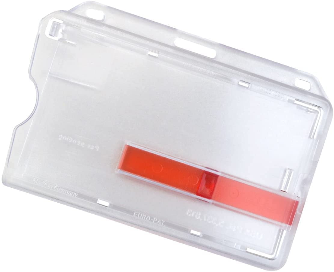 Bulk 100 Pack - Heavy Duty Hard Plastic Horizontal Badge Holder with Red Extractor Slide Out Tab - Easy Access Clear I'D Card Protector Case for Single Standard Credit Card Size Cards by Specialist ID