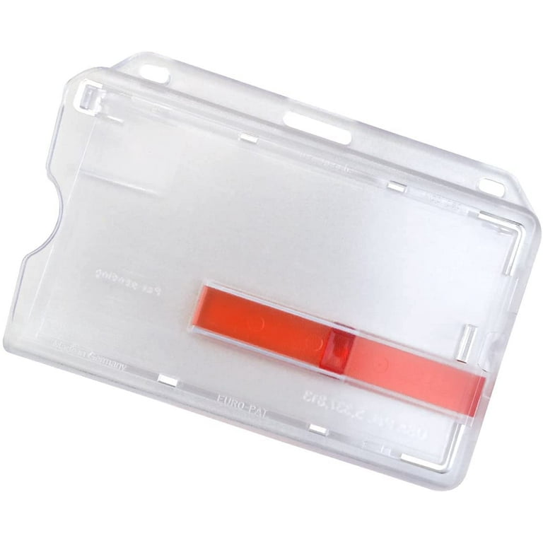 Bulk 100 Pack - Heavy Duty Hard Plastic Horizontal Badge Holder with Red  Extractor Slide Out Tab - Easy Access Clear I'D Card Protector Case for  Single Standard Credit Card Size Cards