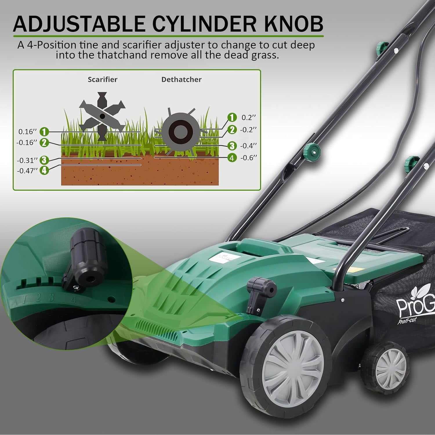 2-in-1 Electric Lawn Dethatcher and Scarifier, 13-Inch 12 Amp Garden Scarifier with 4-Position Adjustment, Removable 31.7QT Collection Bag, Folding Lawn Tool for Healthy Grass Care, Green