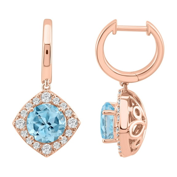 Women's 14K Rose Gold Cushion Shape Blue Topaz & Diamond 5.43TCW Drop Earrings in Prongs Setting (IJ Color/SI1SI2 Clarity)- IGI Certified