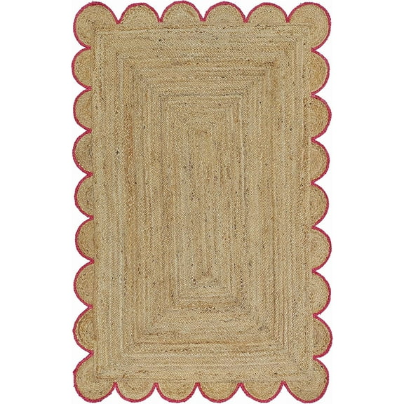 Scalloped Natural Jute Area Rug, Natural Red Boho Scallop Colored Trim