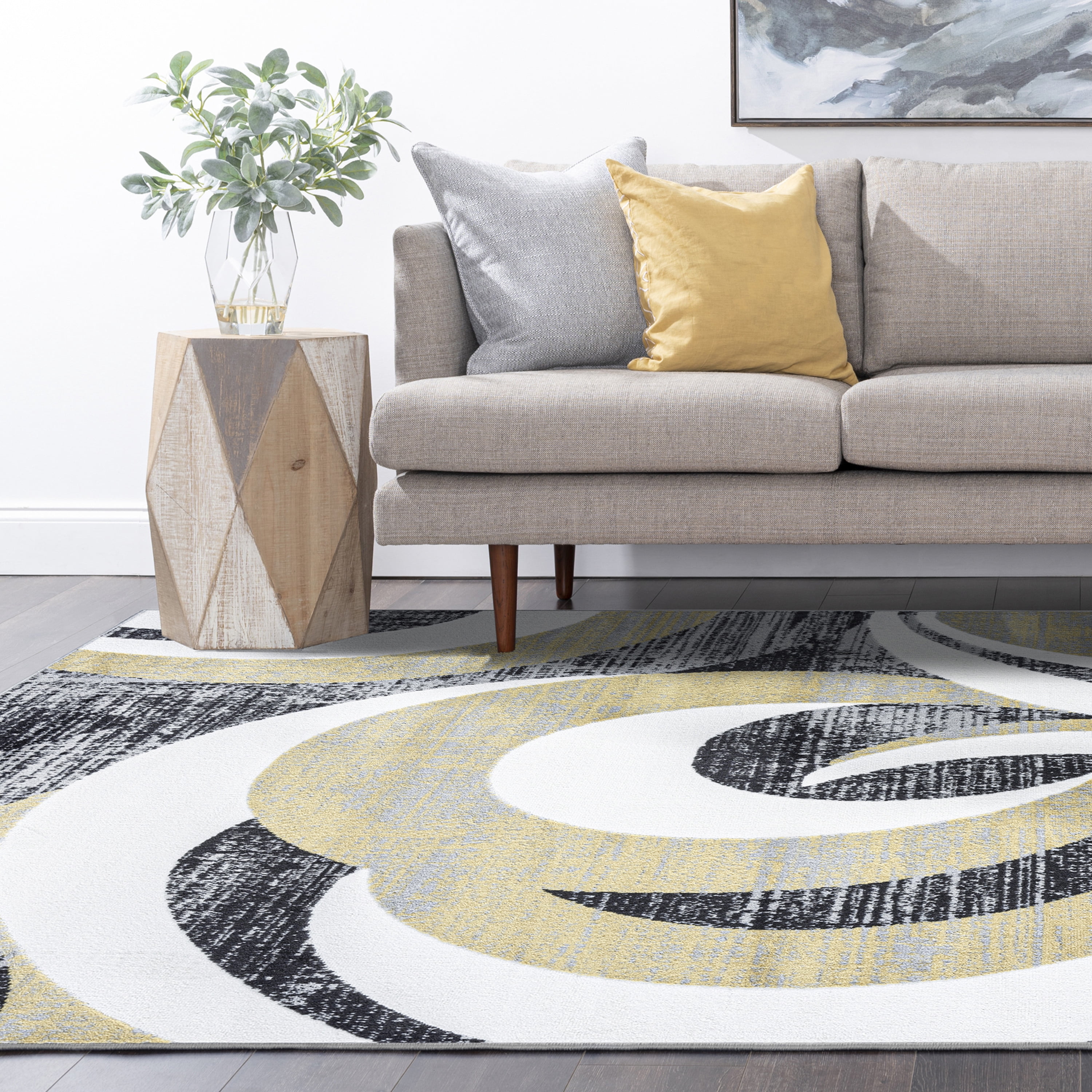 Contemporary 5x8 Area Rug (5'3'' x 7'3'') Abstract Yellow, Charcoal Living Room Easy to Clean