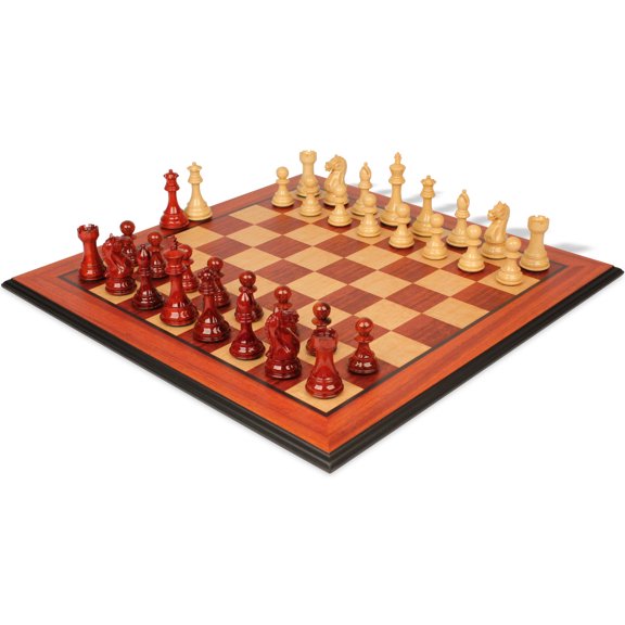 Fierce Knight Staunton Chess Set Padauk & Boxwood Pieces with Padauk & Bird's Eye Maple Molded Edge Board - 4" King