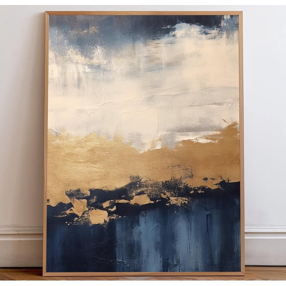 Blue, Gold, And Ivory Cream Abstract Vertical Wall Art | Portrait Art | Modern Minimalist Diy Wall Art | UNFRAMED Poster, Wall Art for Decor, Present, 8x12